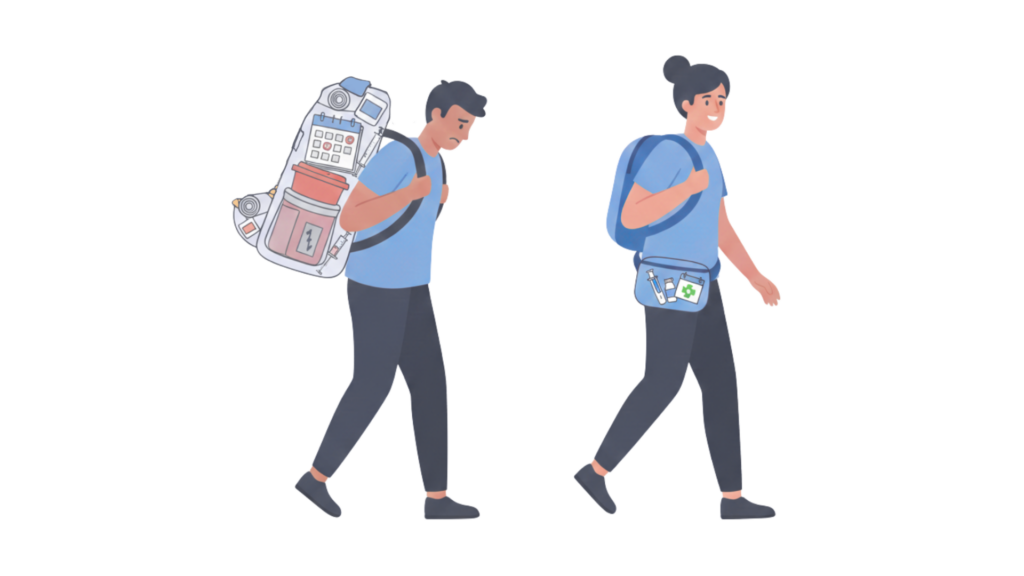 A man and a woman hiking carrying medical supplies
