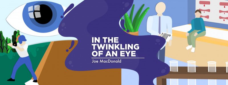 Banner image for the "In the Twinkling of an Eye" column by Joe MacDonald. A split graphic depicts a boy playing baseball and a boy talking with a doctor at an appointment.