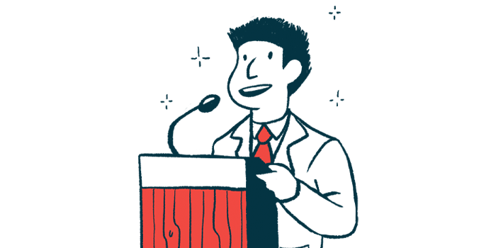 replacement therapy for hemophilia A | Hemophilia News Today | efanesoctocog alfa | illustration of speaker at lectern