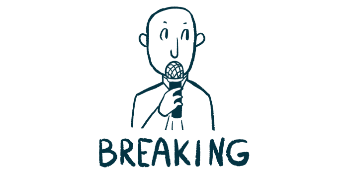 A breaking news illustration show a person speaking into a microphone, with the word 