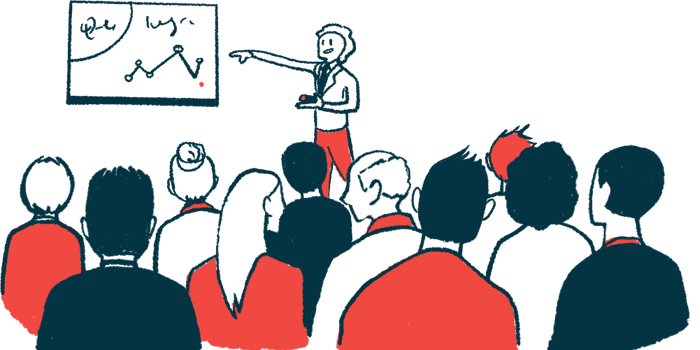 An illustration of a person making a presentation at a meeting.