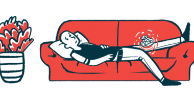 A person reclines on a couch with one leg elevated and a bag of ice on a knee.