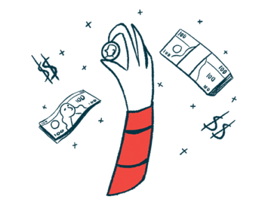 A hand holds up a coin as dollar signs and stacks of bills float downward.