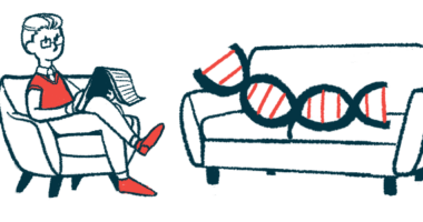 A DNA strand reclines on a couch in front of a therapist in this gene therapy illustration.