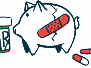 A cracked piggy bank with a Band-aid over it faces a prescription bottle.