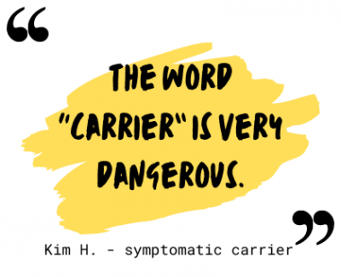 hemophilia carrier | Hemophilia News Today | A graphic depicts the quote "The word 'carrier' is very dangerous," said by Kim H., a symptomatic carrier of hemophilia