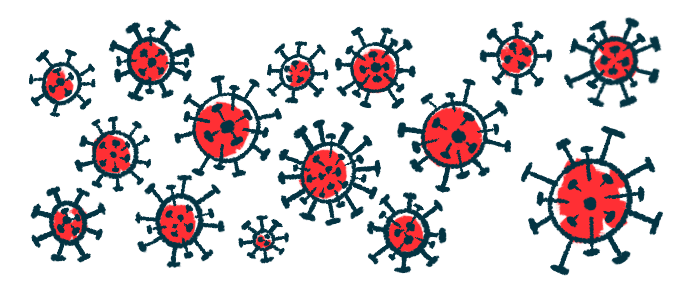 An illustration provides a close-up look at virus cells.