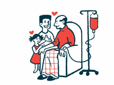 Two young people stand next to a patient seated in a chair who's receiving intravenous therapy.