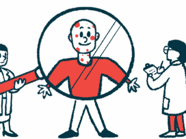 A person's head and upper body are enlarged by a giant magnifying glass.