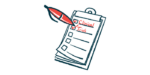 An oversized red pen is seen ticking boxes marked 