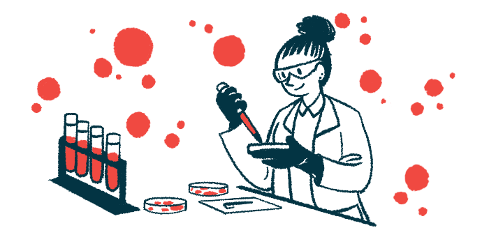 A scientist works with a petri dish in a laboratory alongside a rack of filled vials.