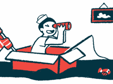 A child wearing a sailor's hat looks through a telescope while sitting in a boat made from a cardboard box.