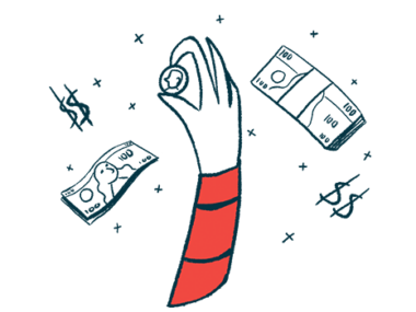 A hand holding a coin is surrounded by stacks of bills and dollar signs.