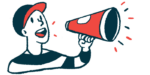 A person wearing a baseball cap speaks into a megaphone.