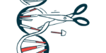 A pair of scissors is seen cutting a section of a DNA strand.