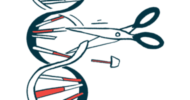 A pair of scissors is seen cutting a section of a DNA strand.