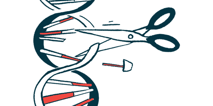 A pair of scissors is seen cutting a section of a DNA strand.