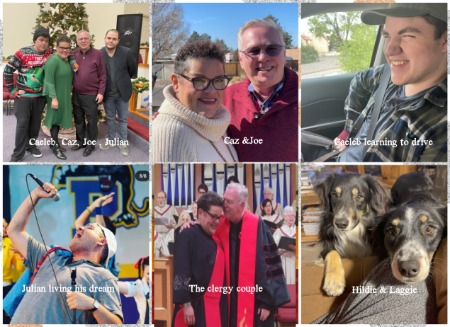 Six photos arranged as a unit: clockwise from top left, a family of four at Christmas; a man and a woman outdoors in a face-and-shoulders shot; a young man in a car wearing a cap; two dogs that seem to be the same breed; two ministers, one man and one woman, standing before a choir, each wearing black robe with a red stole; and a young man who appears to be singing up toward a mic, with school insignia behind him.