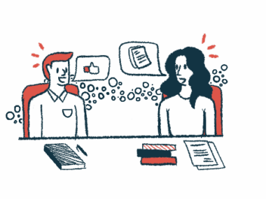 Two people hold a discussion at a table in this illustration of a collaboration.