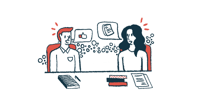 Two people hold a discussion at a table in this illustration of a collaboration.