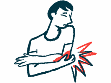 A person is seen cradling the left elbow, shown as red and radiating sharp points, with the right hand.