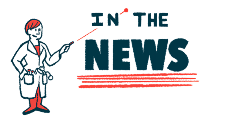 A person in a lab coat aims a pointer toward the words "IN THE NEWS," appearing on a nearby wall.