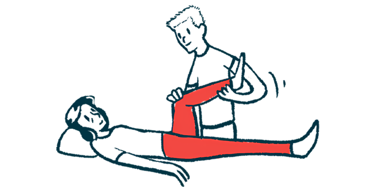 A physical therapist helps a patient move his leg.