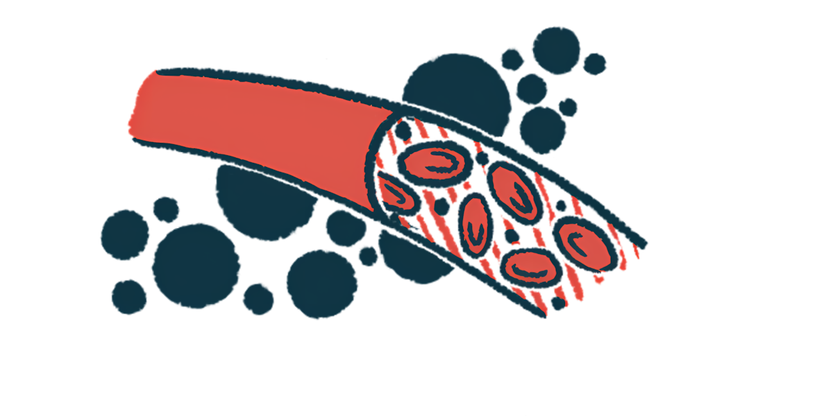 An illustration shows red blood cells flowing through a blood vessel.