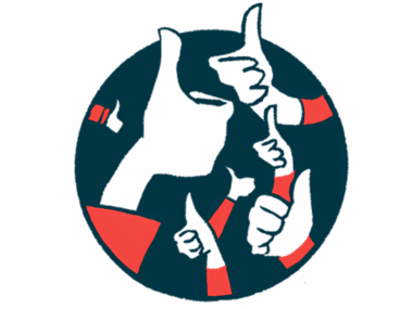 Multiple hands give the thumbs-up sign from inside a black circle.