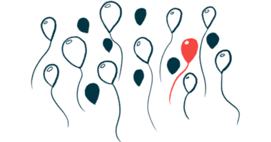 In this rare disease illustration, a single red balloon is seen among more than a dozen black and white balloons.