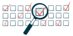 A magnifying glass hovers over a mark on a checklist.