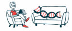 A strand of DNA reclines on a therapist's couch as the counselor sits next to it, taking notes.
