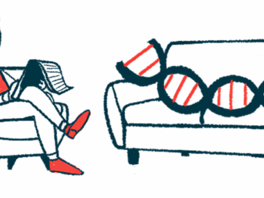 A strand of DNA reclines on a therapist's couch as the counselor sits next to it, taking notes.