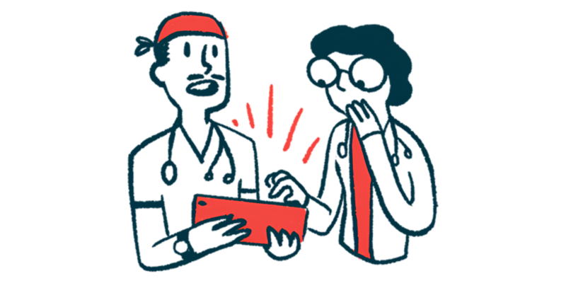 Two doctors look with surprise at data on a tablet computer.
