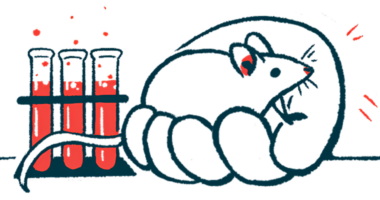 On oversized human hand holding a mouse is shown next to a trio of test tubes.