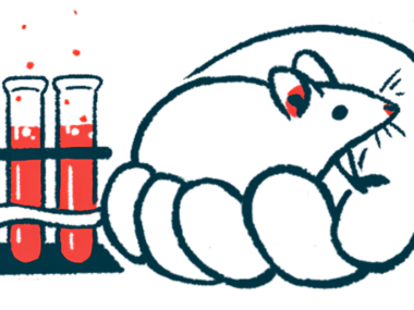On oversized human hand holding a mouse is shown next to a trio of test tubes in a rack.