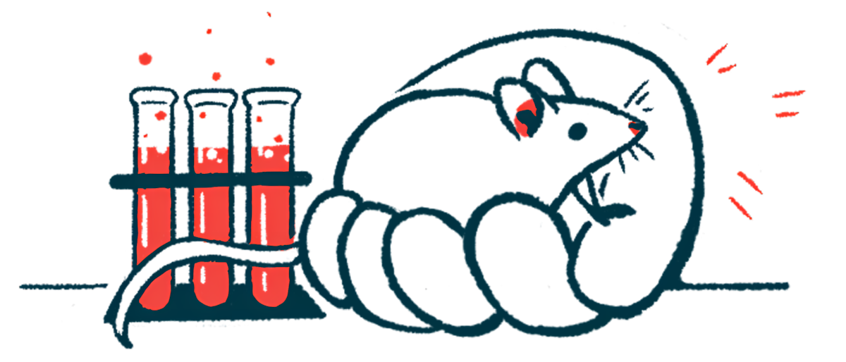 On oversized human hand holding a mouse is shown next to a trio of test tubes.