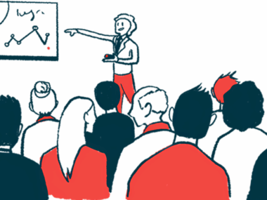 A person gives a presentation to an audience.