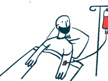 A man in a hospital bed looks up at his IV bag.