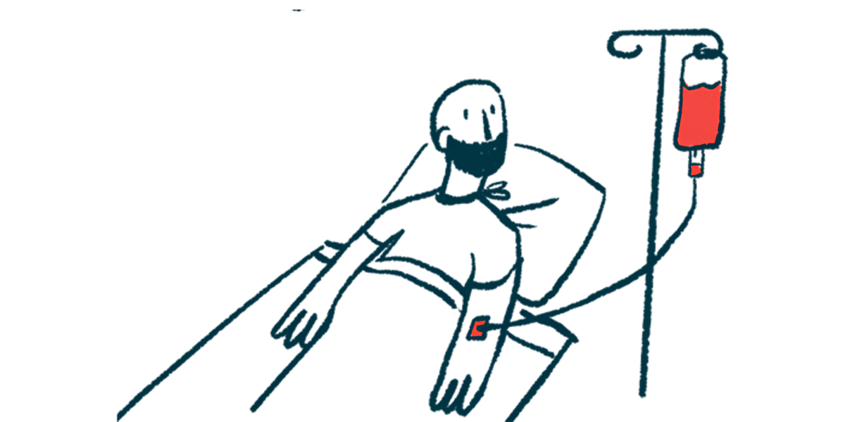 A man in a hospital bed looks up at his IV bag.