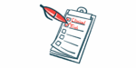 An oversized red pen ticks boxes marked 