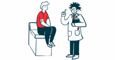 A doctor gestures with one hand while talking to a patient who sits on the edge of an examination table.
