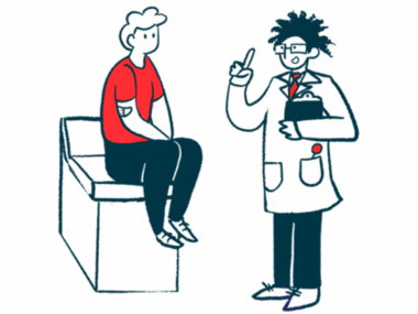 A doctor gestures with one hand while talking to a patient who sits on the edge of an examination table.