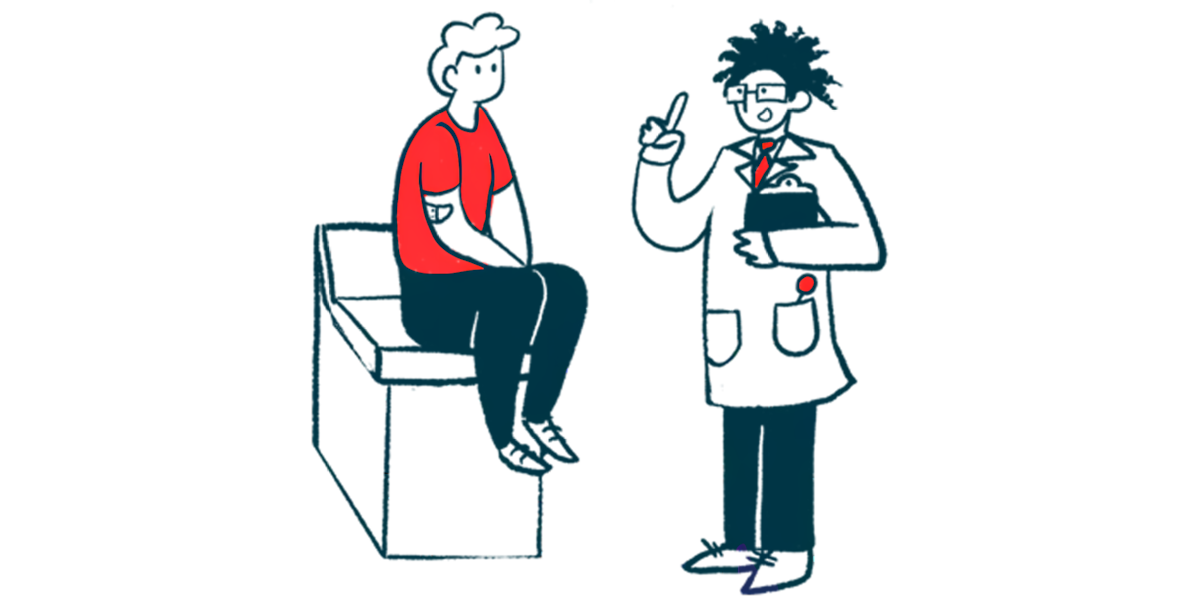 A doctor gestures with one hand while talking to a patient who sits on the edge of an examination table.