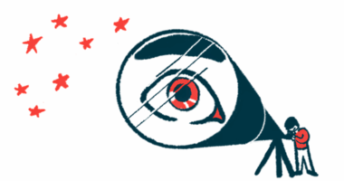 A human eye is seen in the lens of a gigantic telescope a person is using to look at the stars.