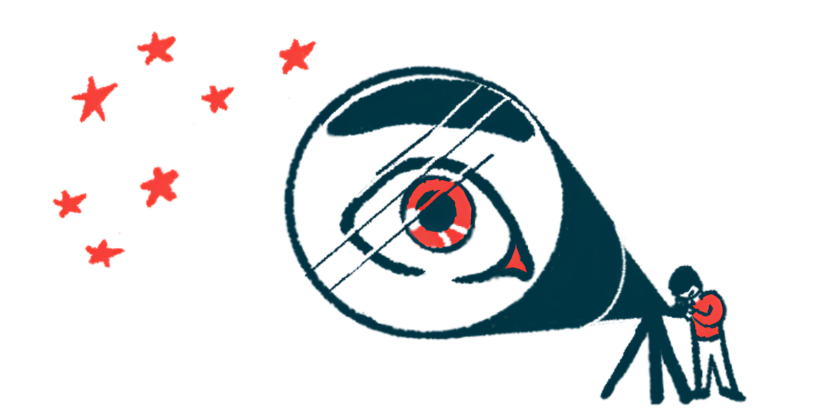 A human eye is seen in the lens of a gigantic telescope a person is using to look at the stars.