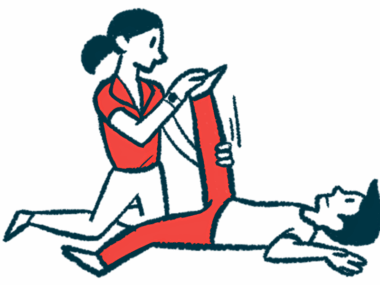 A physical therapist raises and stretches the leg of a patient lying on their back.