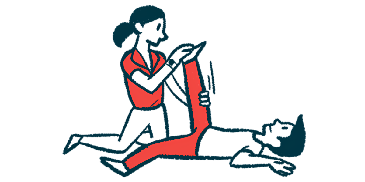 A physical therapist raises and stretches the leg of a patient lying on their back.