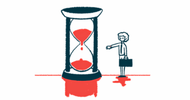 An illustration of a large hourglass dripping blood while a person waits beside it, checking their watch.