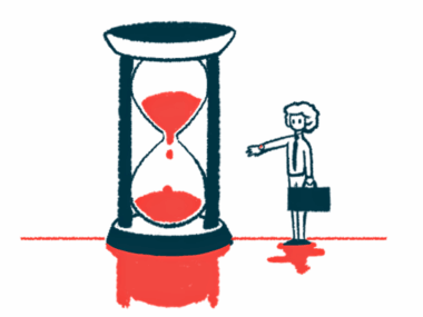 An illustration of a large hourglass dripping blood while a person waits beside it, checking their watch.